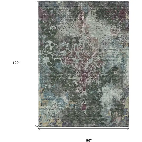 Fern Green And Purple Damask Washable Indoor Outdoor Area Rug Photo 3