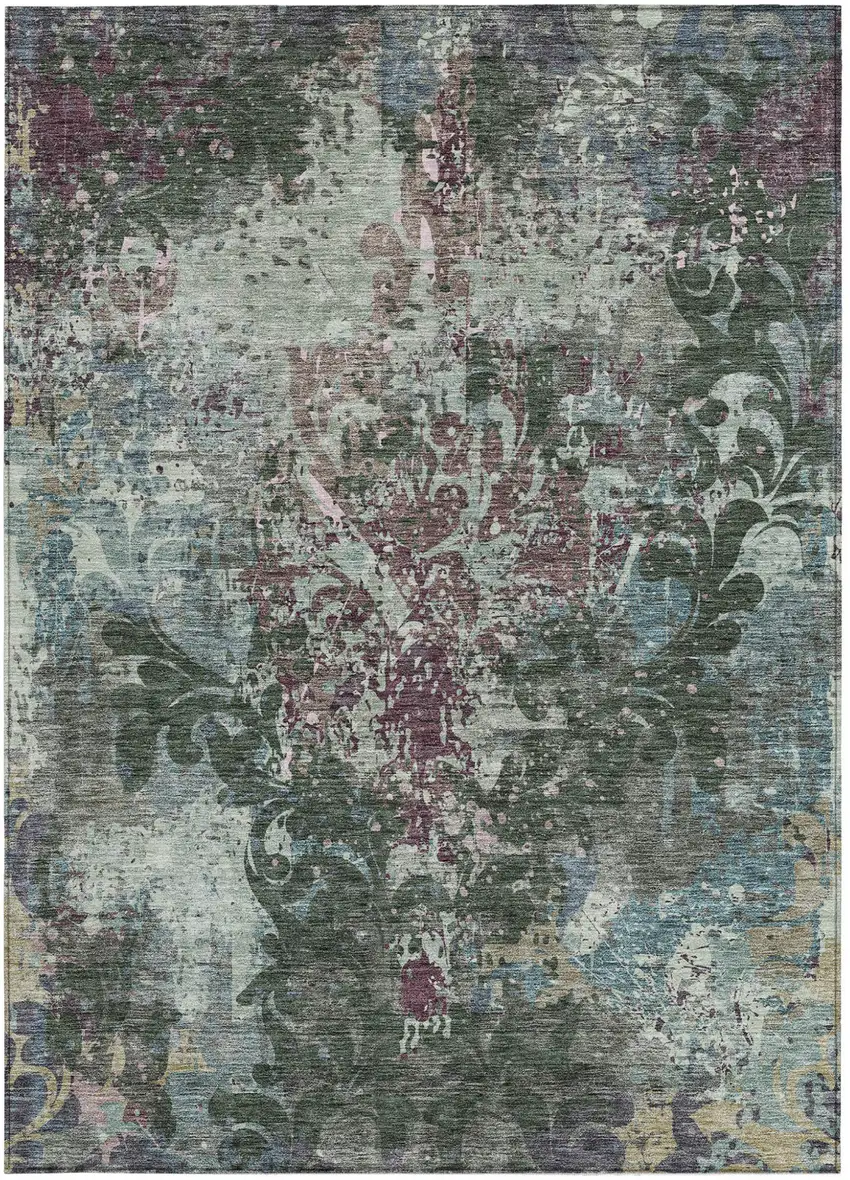 Fern Green And Purple Damask Washable Indoor Outdoor Area Rug Photo 6