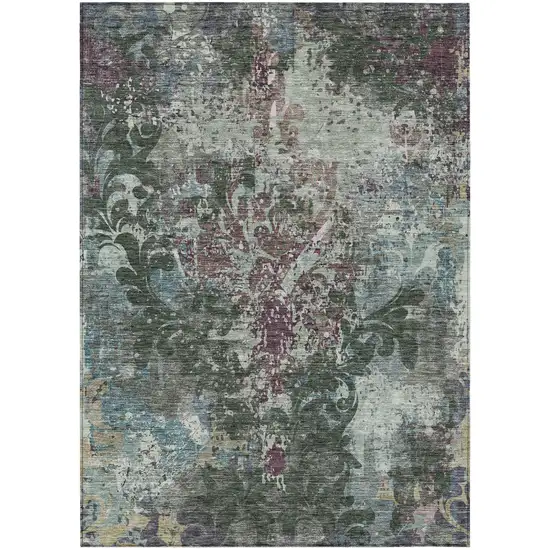 Fern Green And Purple Damask Washable Indoor Outdoor Area Rug Photo 2