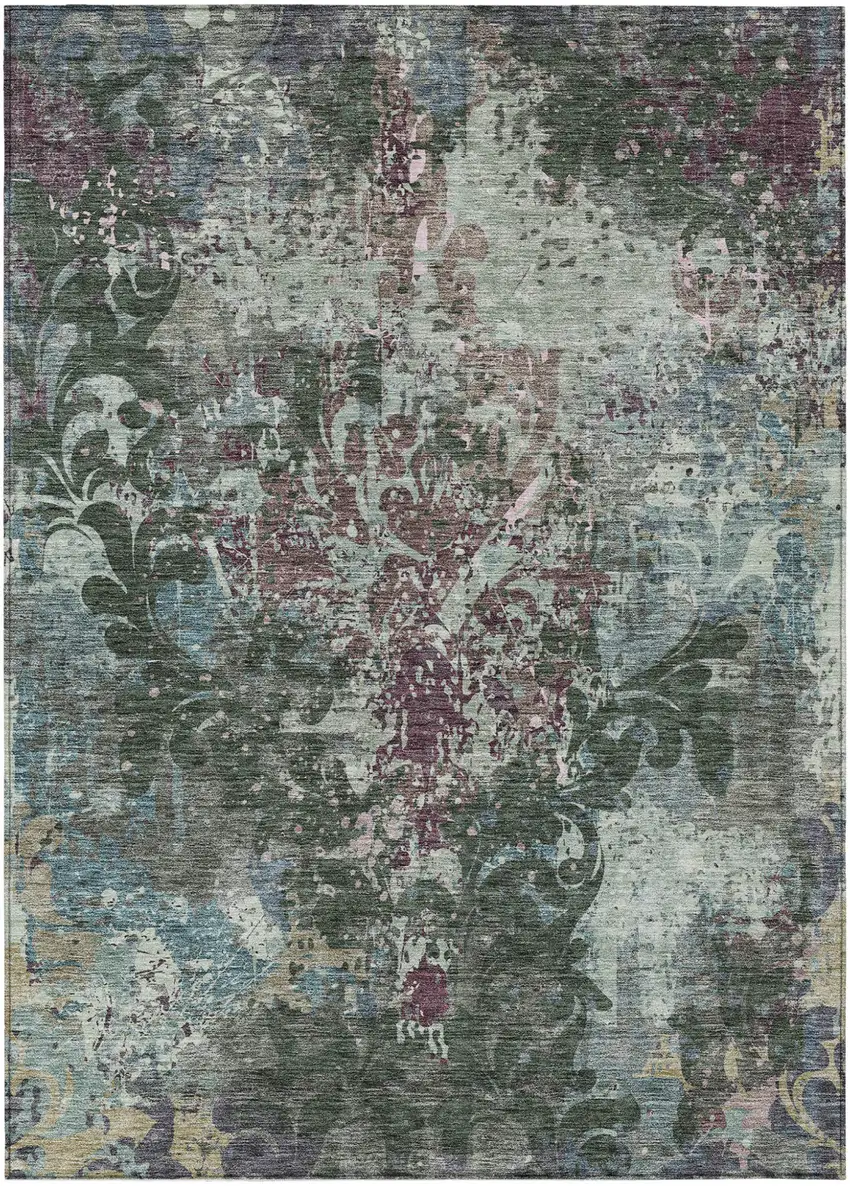Fern Green And Purple Damask Washable Indoor Outdoor Area Rug Photo 2