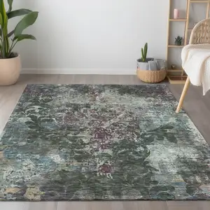 Photo of Fern Green And Purple Damask Washable Indoor Outdoor Area Rug