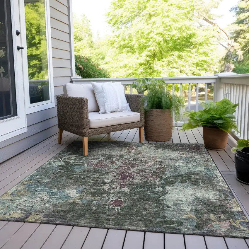 Fern Green And Purple Damask Washable Indoor Outdoor Area Rug Photo 8