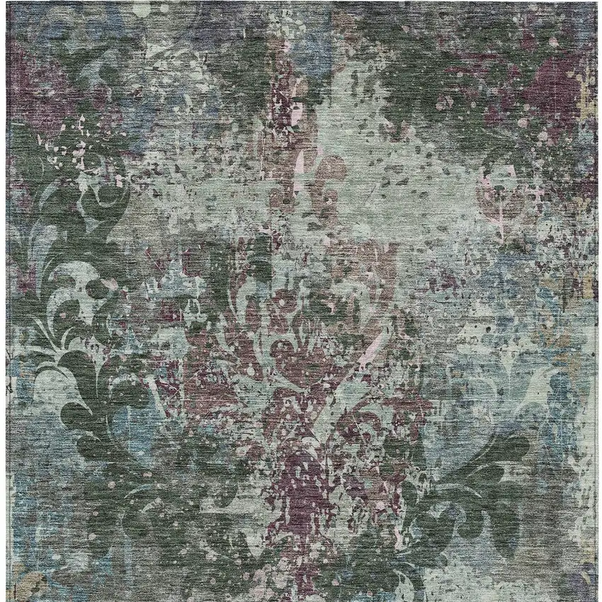Fern Green And Purple Damask Washable Indoor Outdoor Area Rug Photo 7