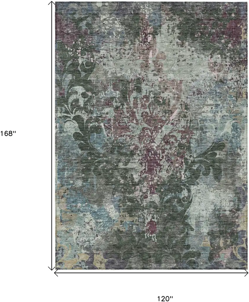Fern Green And Purple Damask Washable Indoor Outdoor Area Rug Photo 3