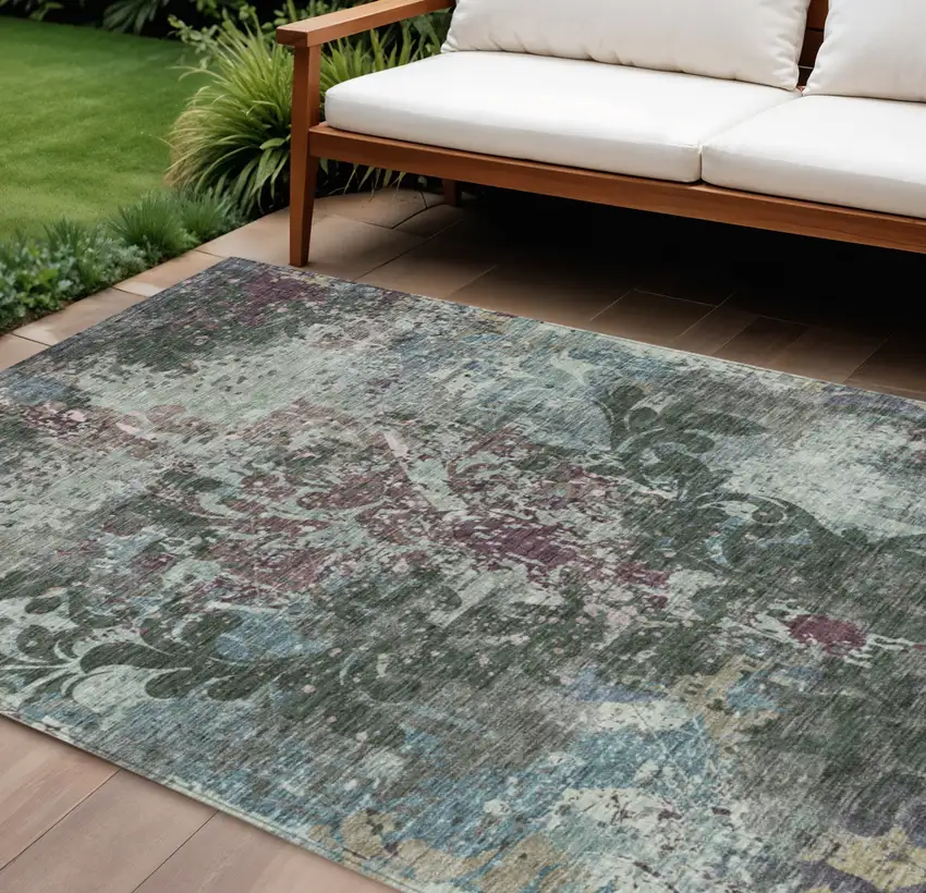 Fern Green And Purple Damask Washable Indoor Outdoor Area Rug Photo 1