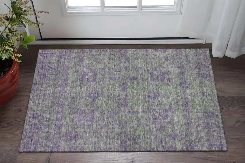 Fern Green And Purple Floral Washable Area Rug With UV Protection Photo 2