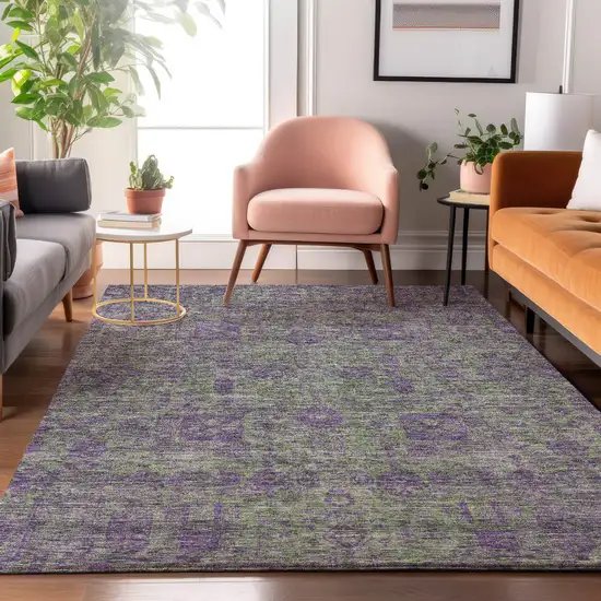 Fern Green And Purple Floral Washable Area Rug With UV Protection Photo 4