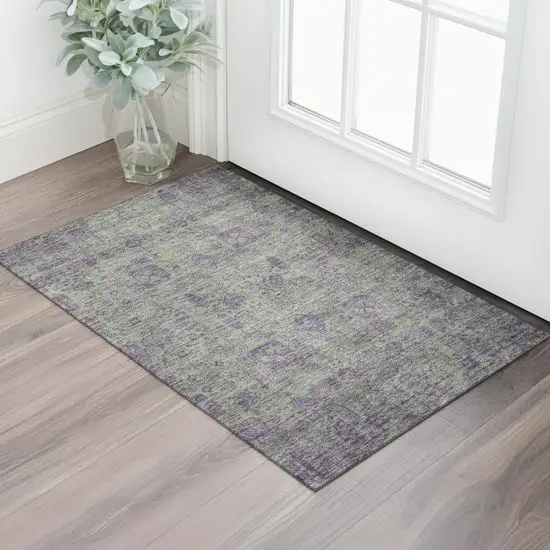 Fern Green And Purple Floral Washable Area Rug With UV Protection Photo 1
