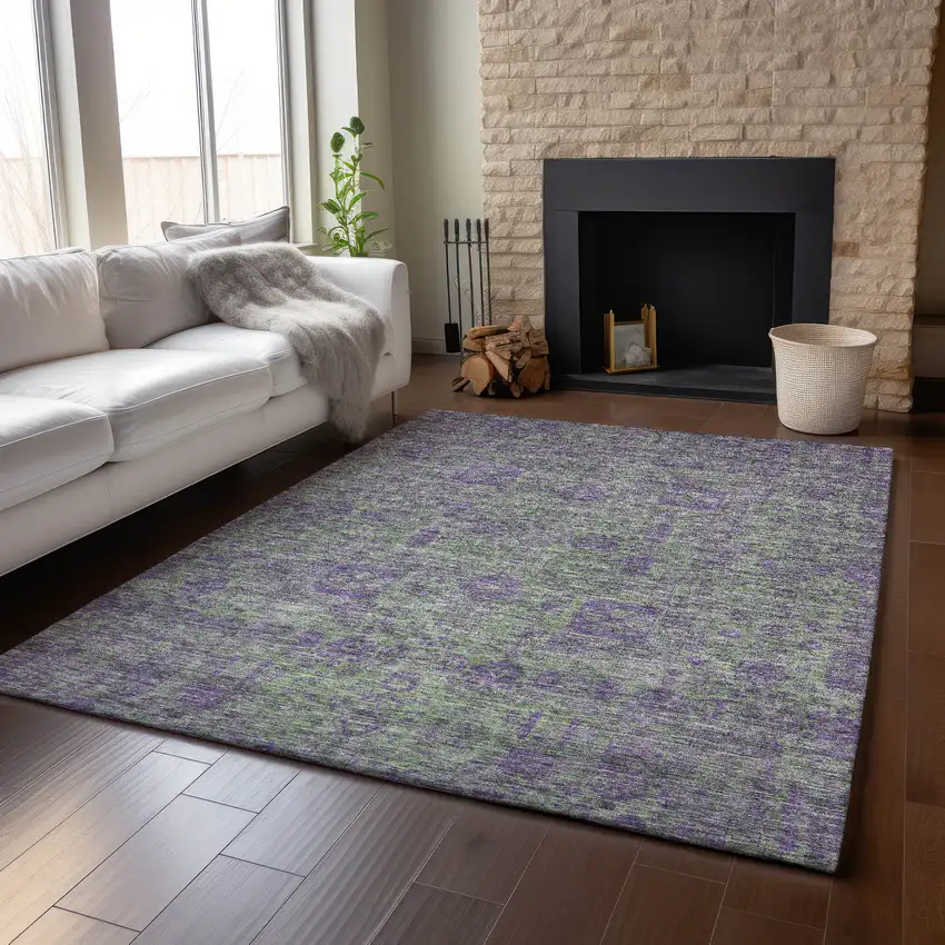 Fern Green And Purple Floral Washable Area Rug With UV Protection Photo 6