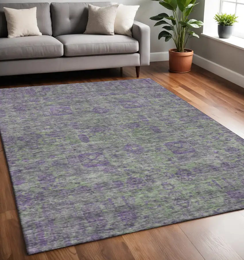 Fern Green And Purple Floral Washable Area Rug With UV Protection Photo 2