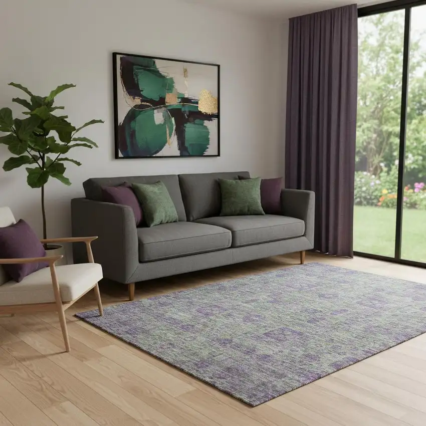 Fern Green And Purple Floral Washable Area Rug With UV Protection Photo 1