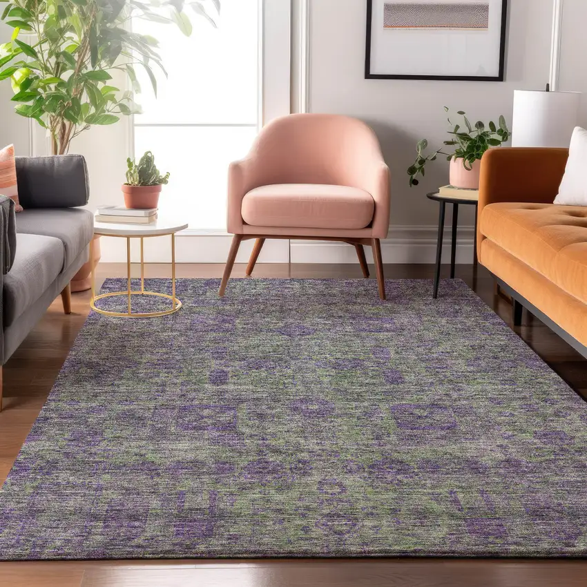 Fern Green And Purple Floral Washable Area Rug With UV Protection Photo 5