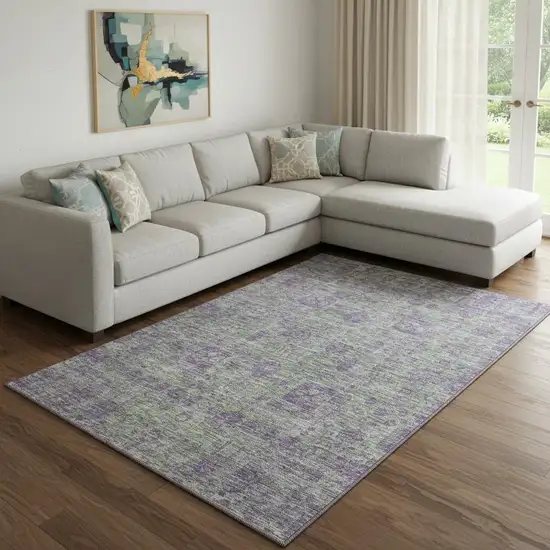 Fern Green And Purple Floral Washable Area Rug With UV Protection Photo 1
