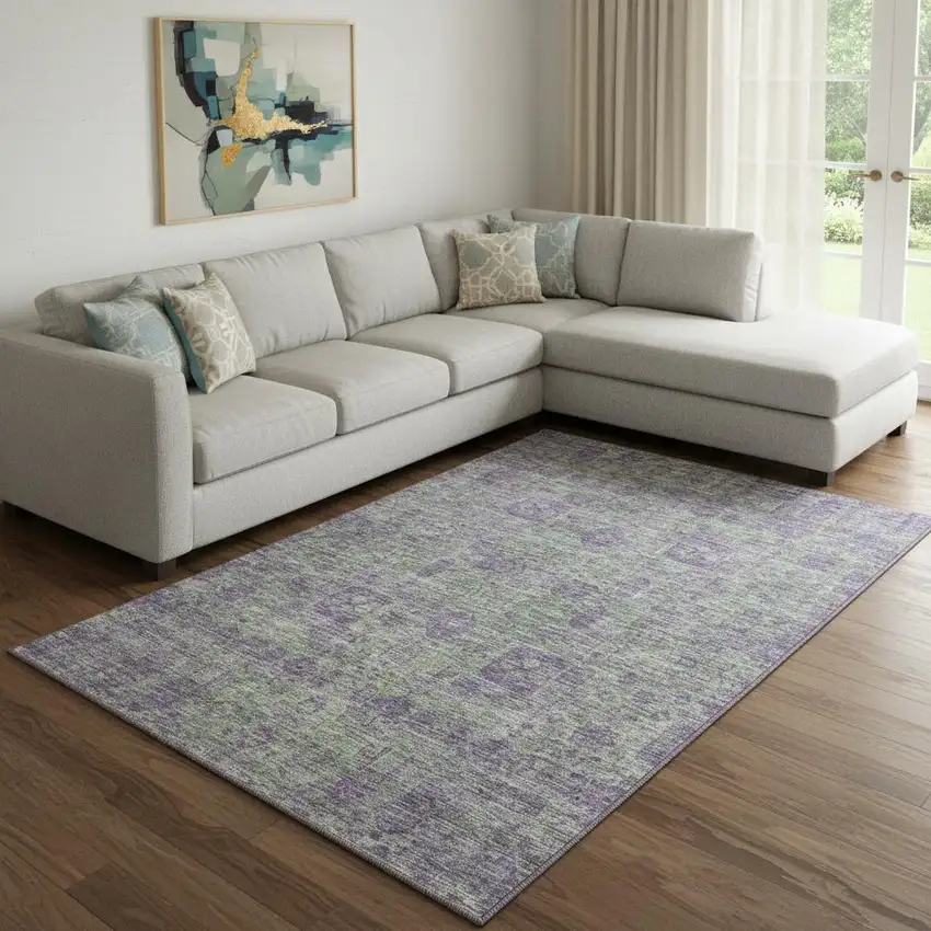 Fern Green And Purple Floral Washable Area Rug With UV Protection Photo 1