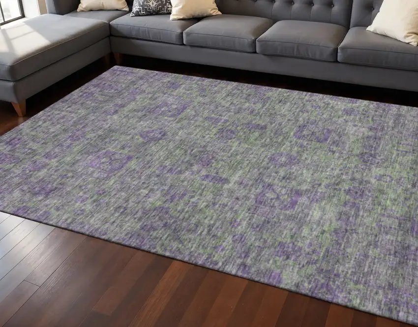 Fern Green And Purple Floral Washable Area Rug With UV Protection Photo 2