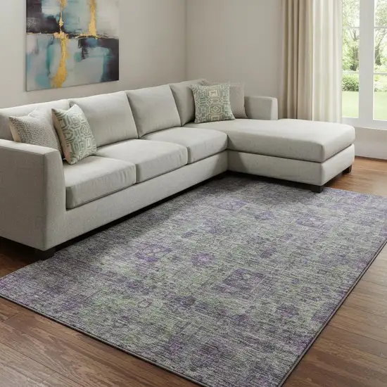 Fern Green And Purple Floral Washable Area Rug With UV Protection Photo 1