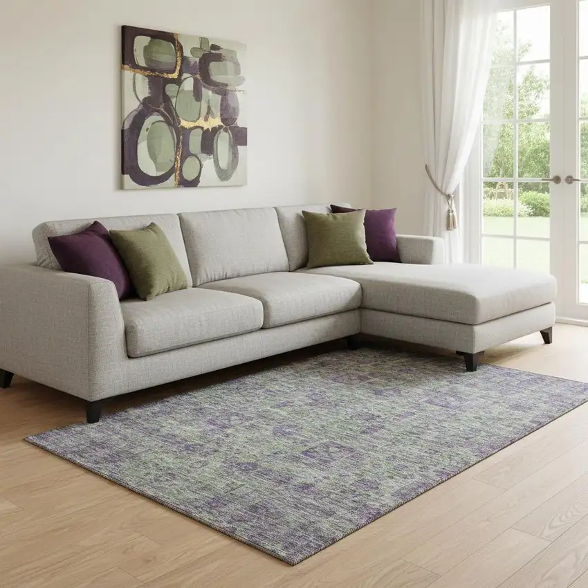 Fern Green And Purple Floral Washable Area Rug With UV Protection Photo 2
