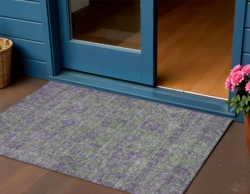 Fern Green And Purple Oriental Washable Indoor Outdoor Area Rug Photo 1