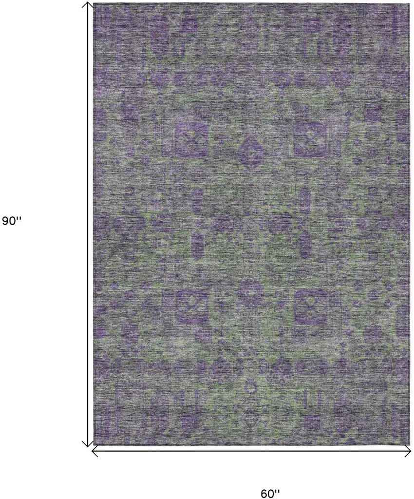 Fern Green And Purple Oriental Washable Indoor Outdoor Area Rug Photo 3