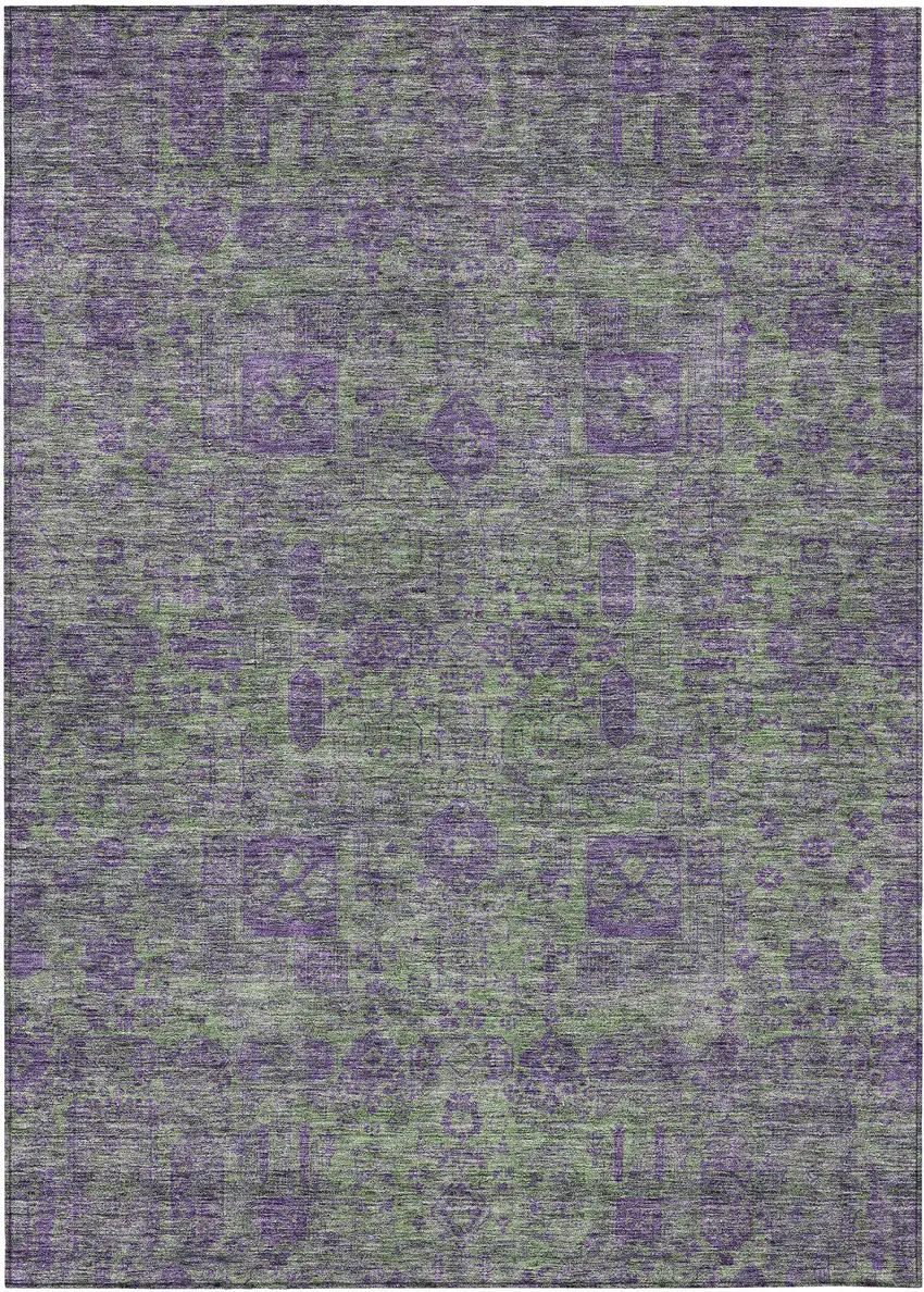 Fern Green And Purple Oriental Washable Indoor Outdoor Area Rug Photo 1