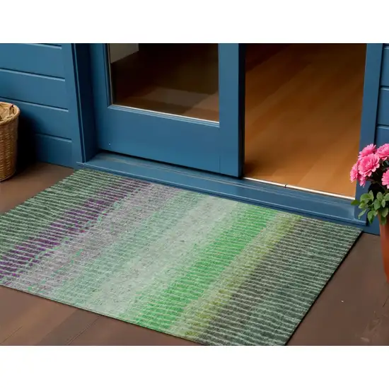 Fern Green And Purple Striped Washable Indoor Outdoor Area Rug Photo 1
