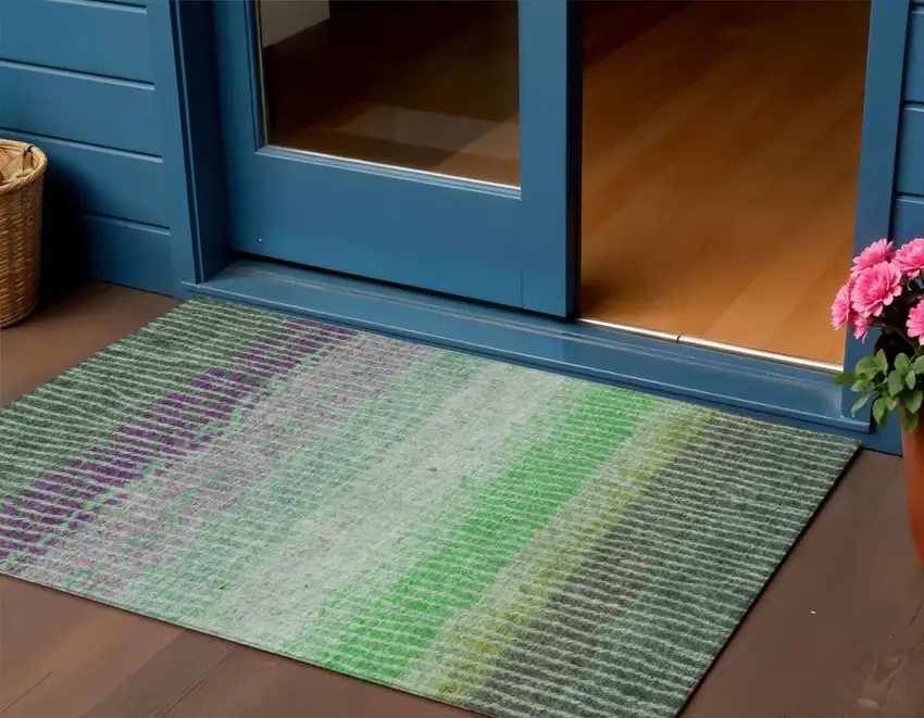 Fern Green And Purple Striped Washable Indoor Outdoor Area Rug Photo 1