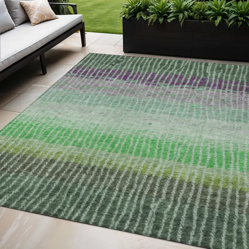 Fern Green And Purple Striped Washable Indoor Outdoor Area Rug Photo 1
