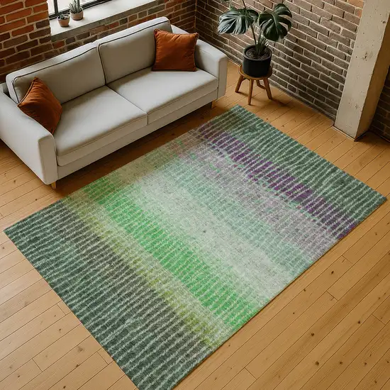 Fern Green And Purple Striped Washable Indoor Outdoor Area Rug Photo 8