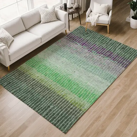 Fern Green And Purple Striped Washable Indoor Outdoor Area Rug Photo 7