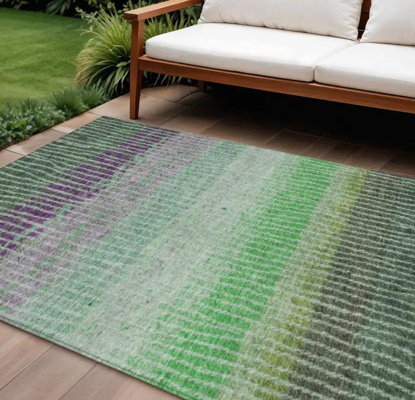 Fern Green And Purple Striped Washable Indoor Outdoor Area Rug Photo 1