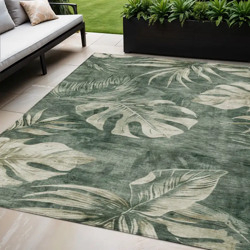 Fern Green And Sage Floral Washable Indoor Outdoor Area Rug Photo 2