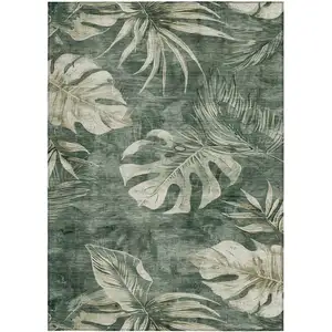Photo of Fern Green And Sage Floral Washable Indoor Outdoor Area Rug