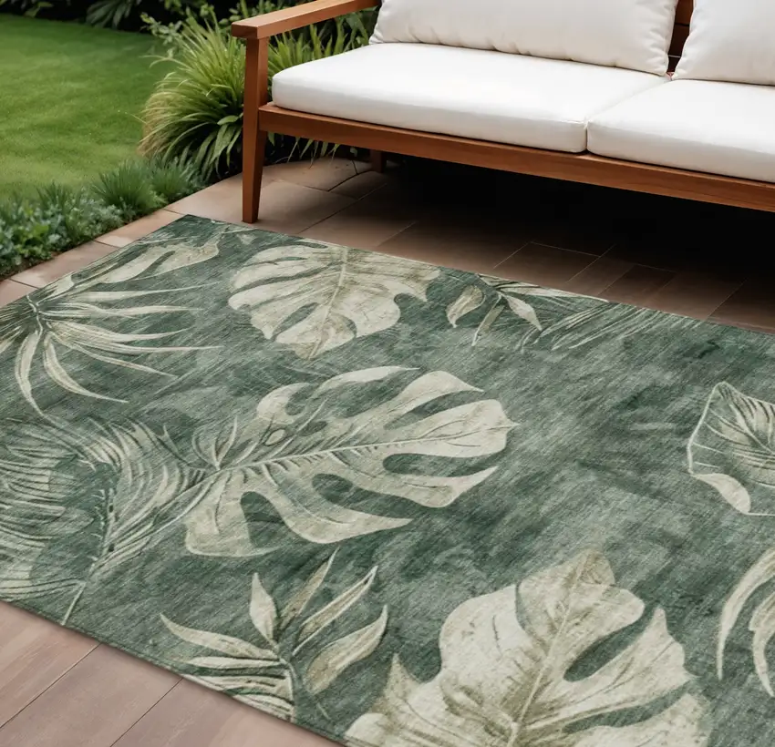 Fern Green And Sage Floral Washable Indoor Outdoor Area Rug Photo 2