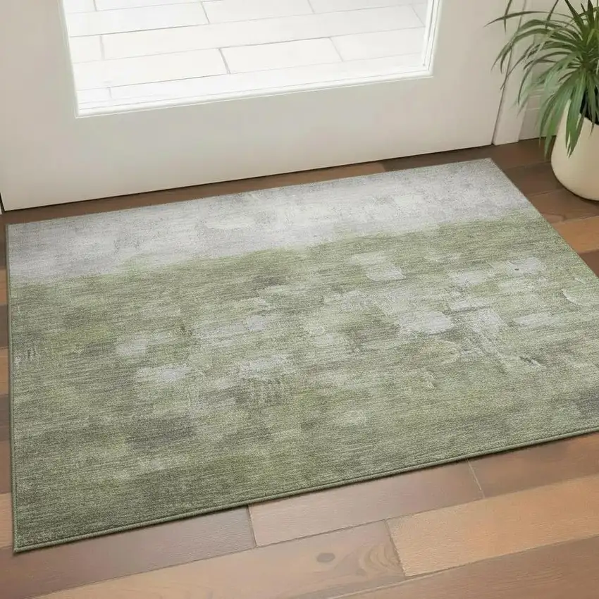 Fern Green And Silver Abstract Washable Area Rug With UV Protection Photo 2