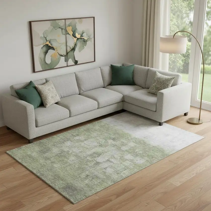 Fern Green And Silver Abstract Washable Area Rug With UV Protection Photo 2