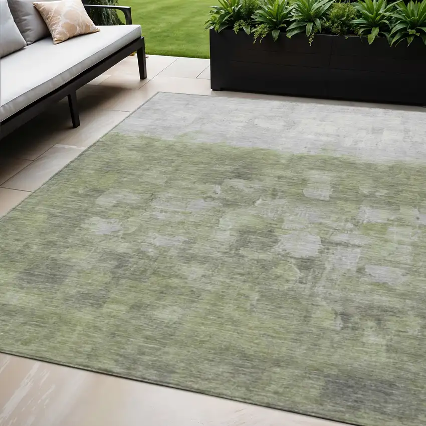 Fern Green And Silver Abstract Washable Indoor Outdoor Area Rug Photo 1