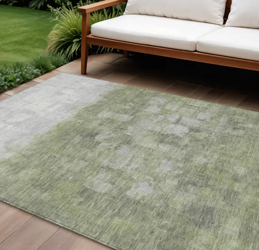 Fern Green And Silver Abstract Washable Indoor Outdoor Area Rug Photo 1
