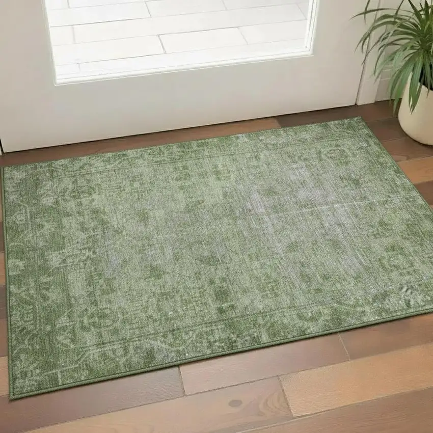 Fern Green And Silver Oriental Washable Area Rug With UV Protection Photo 2