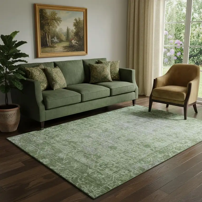 Fern Green And Silver Oriental Washable Area Rug With UV Protection Photo 2