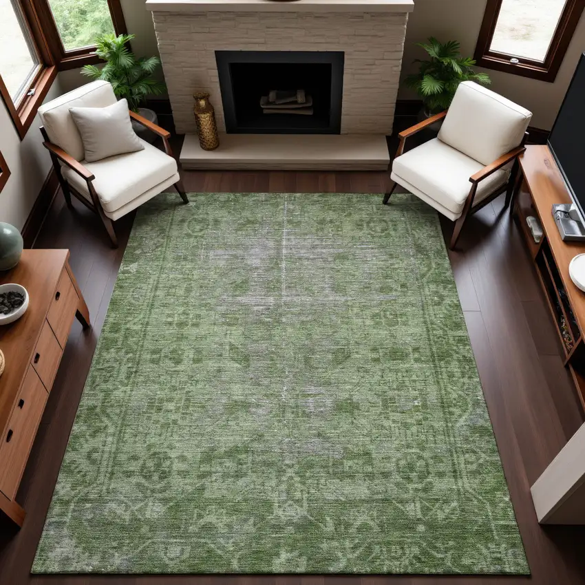 Fern Green And Silver Oriental Washable Area Rug With UV Protection Photo 4