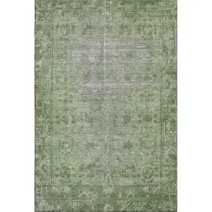 Photo of Fern Green And Silver Oriental Washable Area Rug With UV Protection