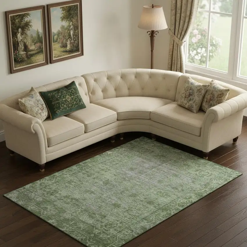 Fern Green And Silver Oriental Washable Area Rug With UV Protection Photo 2