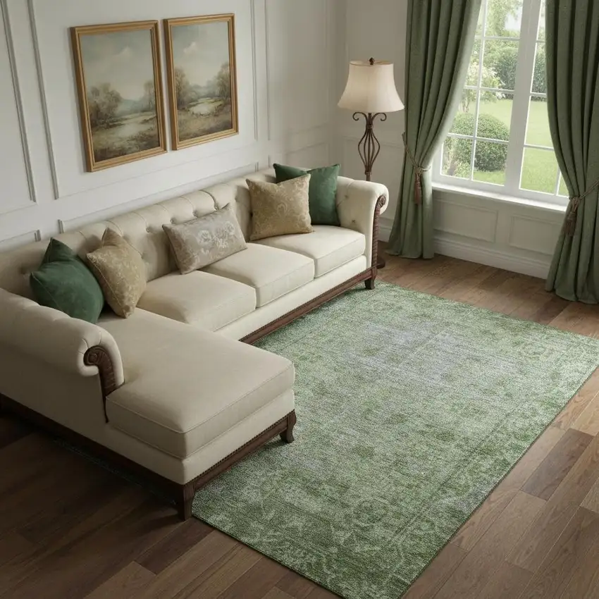 Fern Green And Silver Oriental Washable Area Rug With UV Protection Photo 2