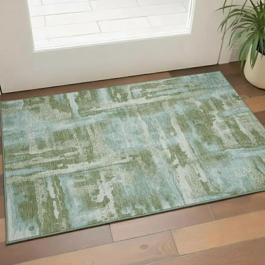 Fern Green And Sky Blue Abstract Washable Area Rug With UV Protection Photo 2