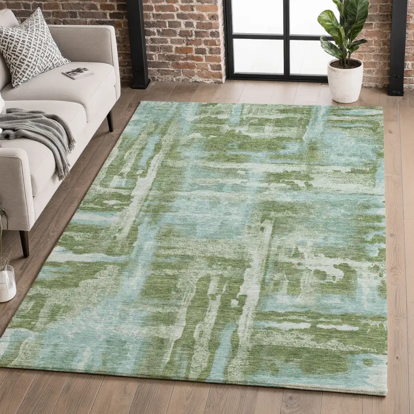 Fern Green And Sky Blue Abstract Washable Area Rug With UV Protection Photo 5