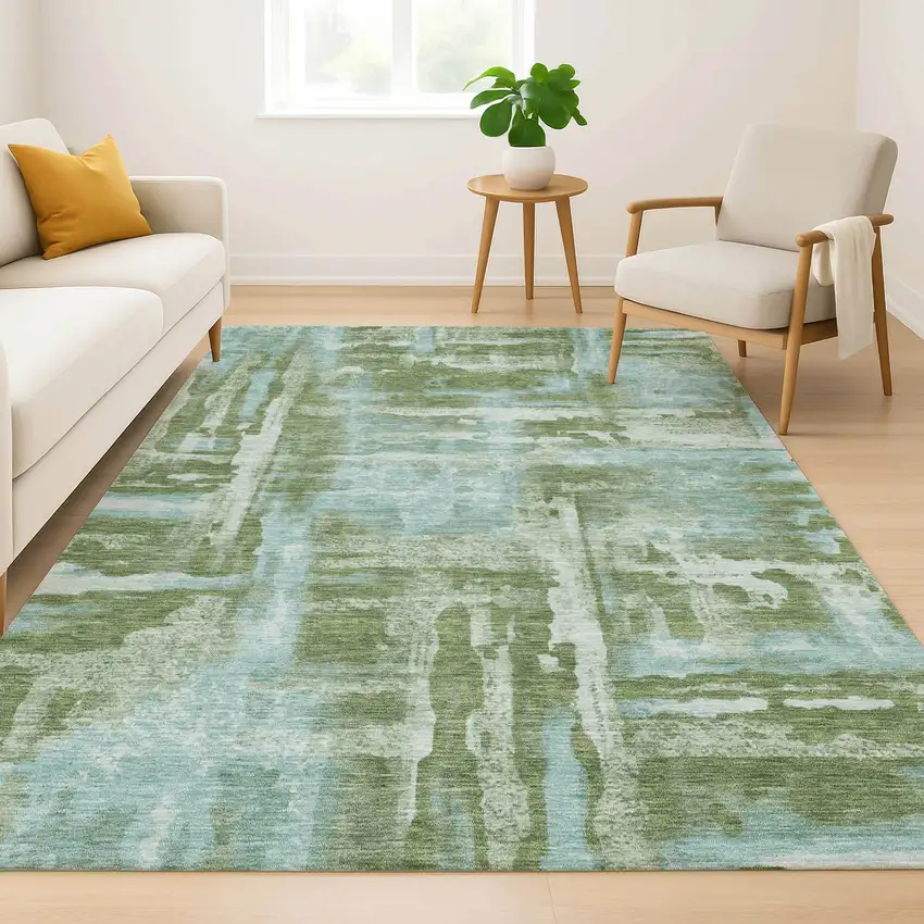 Fern Green And Sky Blue Abstract Washable Area Rug With UV Protection Photo 6