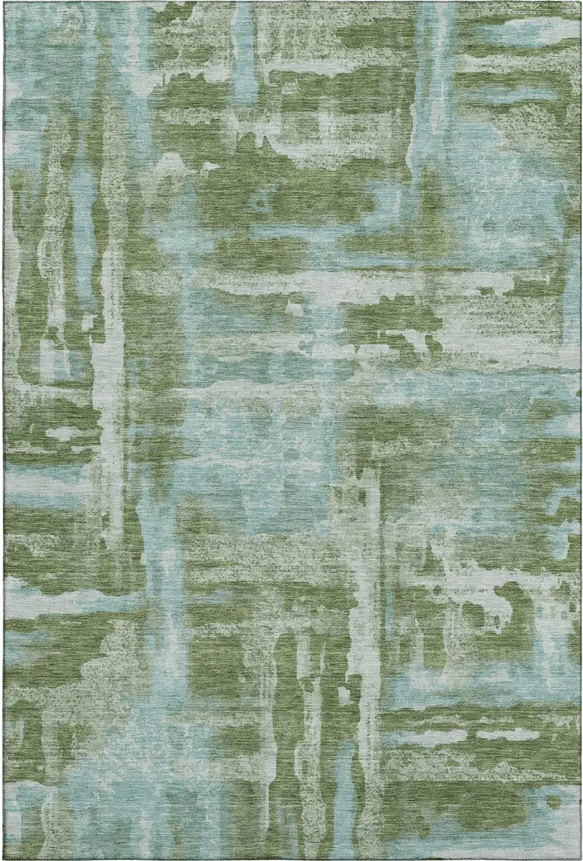Fern Green And Sky Blue Abstract Washable Area Rug With UV Protection Photo 1