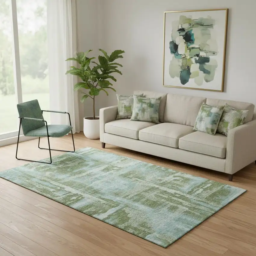 Fern Green And Sky Blue Abstract Washable Area Rug With UV Protection Photo 2