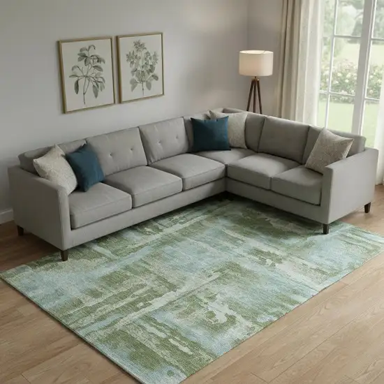 Fern Green And Sky Blue Abstract Washable Area Rug With UV Protection Photo 2