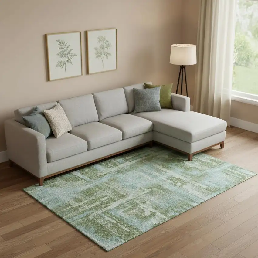 Fern Green And Sky Blue Abstract Washable Area Rug With UV Protection Photo 2